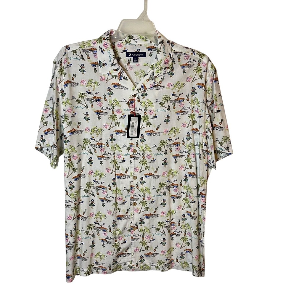 CREMIEUX Mens XL Hawaiian Shirt Aloha Tropical Hula Dancer Palm Trees Surfer NWT